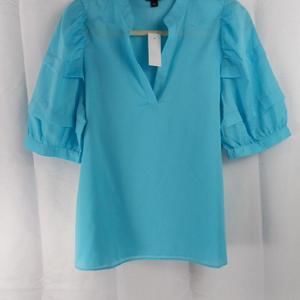Ann Taylor Turquoise Puff Sleeve V-Neck Blouse